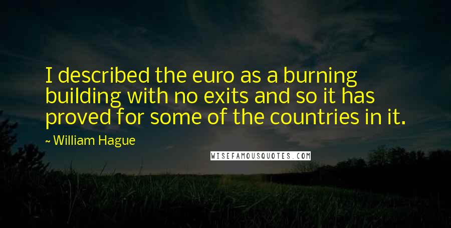 William Hague Quotes: I described the euro as a burning building with no exits and so it has proved for some of the countries in it.