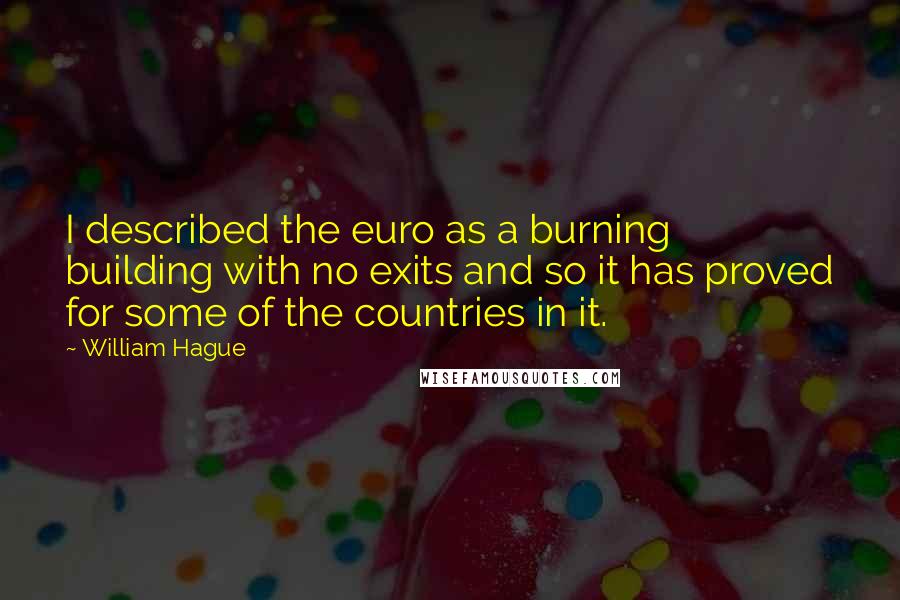 William Hague Quotes: I described the euro as a burning building with no exits and so it has proved for some of the countries in it.