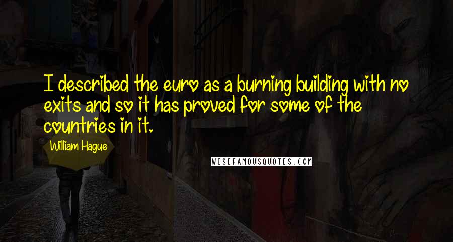 William Hague Quotes: I described the euro as a burning building with no exits and so it has proved for some of the countries in it.