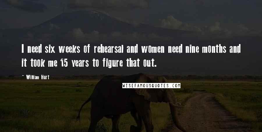 William Hurt Quotes: I need six weeks of rehearsal and women need nine months and it took me 15 years to figure that out.