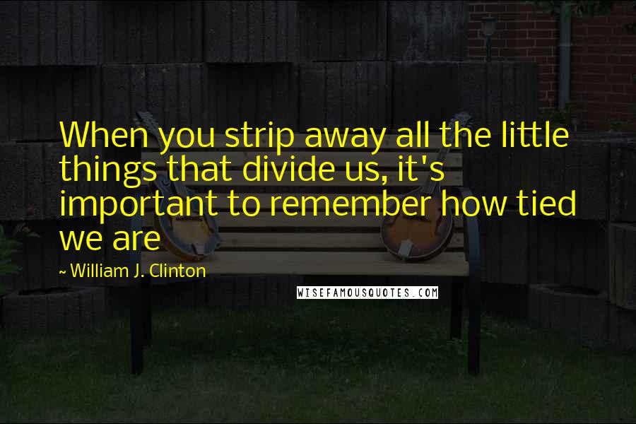 William J. Clinton Quotes: When you strip away all the little things that divide us, it's important to remember how tied we are