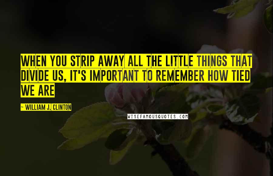 William J. Clinton Quotes: When you strip away all the little things that divide us, it's important to remember how tied we are