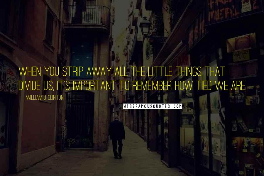 William J. Clinton Quotes: When you strip away all the little things that divide us, it's important to remember how tied we are