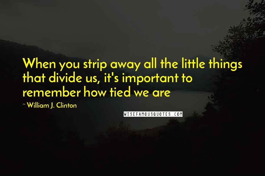 William J. Clinton Quotes: When you strip away all the little things that divide us, it's important to remember how tied we are