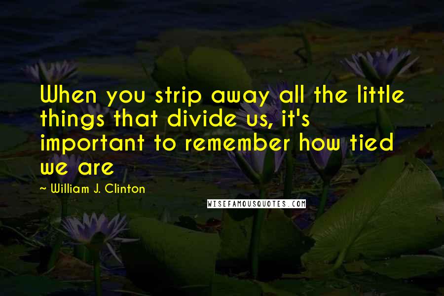 William J. Clinton Quotes: When you strip away all the little things that divide us, it's important to remember how tied we are