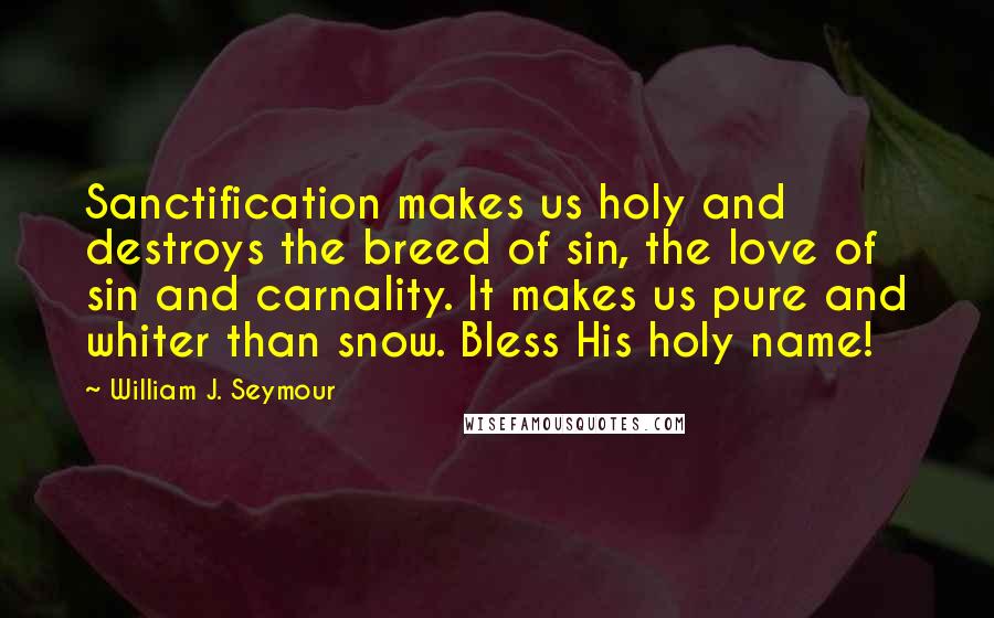 William J. Seymour Quotes: Sanctification makes us holy and destroys the breed of sin, the love of sin and carnality. It makes us pure and whiter than snow. Bless His holy name!
