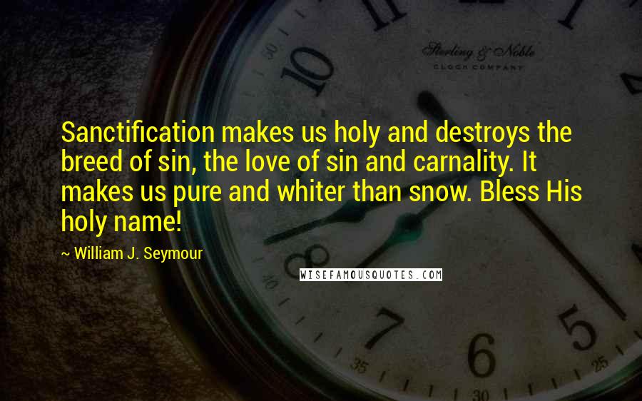 William J. Seymour Quotes: Sanctification makes us holy and destroys the breed of sin, the love of sin and carnality. It makes us pure and whiter than snow. Bless His holy name!