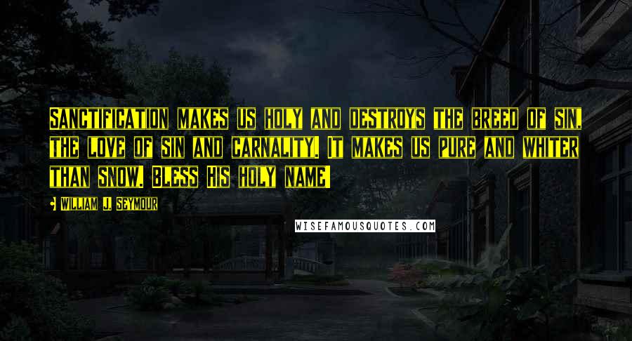 William J. Seymour Quotes: Sanctification makes us holy and destroys the breed of sin, the love of sin and carnality. It makes us pure and whiter than snow. Bless His holy name!