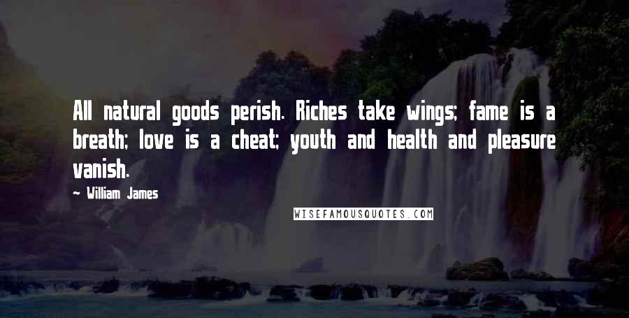 William James Quotes: All natural goods perish. Riches take wings; fame is a breath; love is a cheat; youth and health and pleasure vanish.