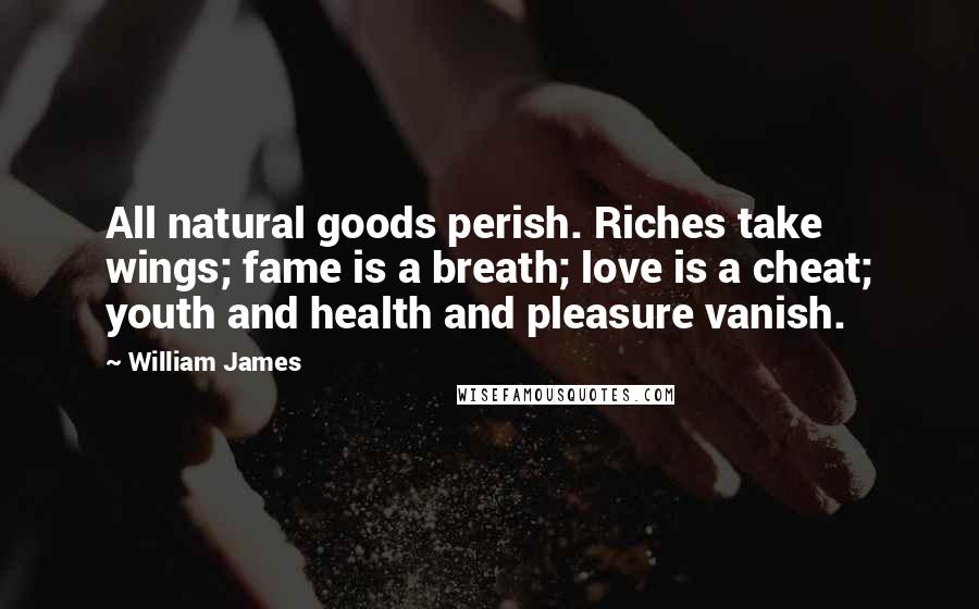 William James Quotes: All natural goods perish. Riches take wings; fame is a breath; love is a cheat; youth and health and pleasure vanish.