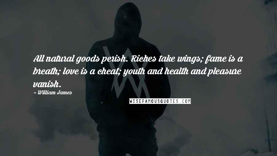 William James Quotes: All natural goods perish. Riches take wings; fame is a breath; love is a cheat; youth and health and pleasure vanish.