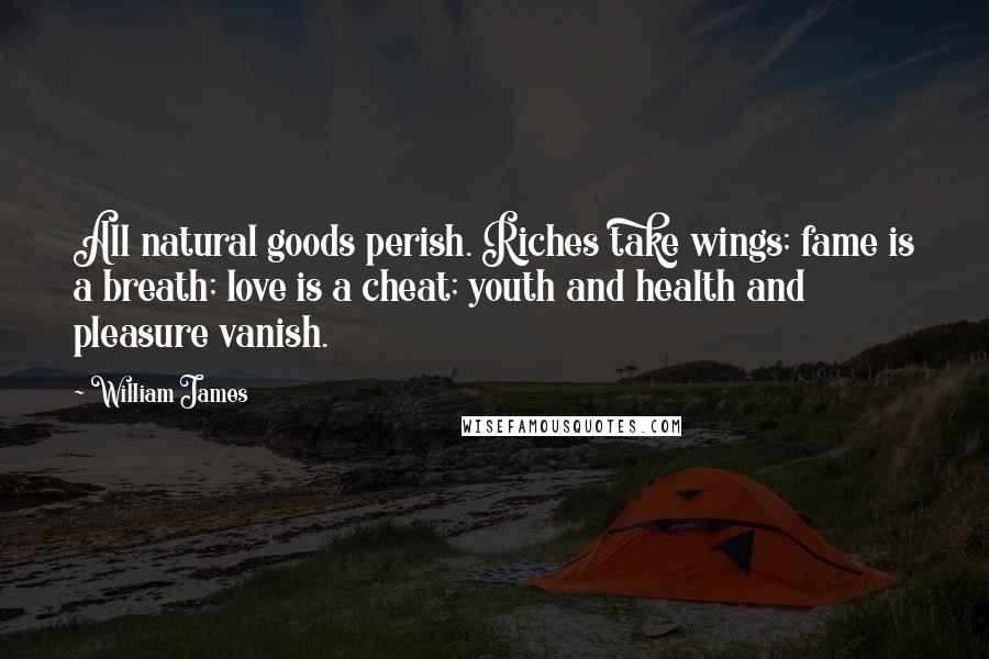 William James Quotes: All natural goods perish. Riches take wings; fame is a breath; love is a cheat; youth and health and pleasure vanish.