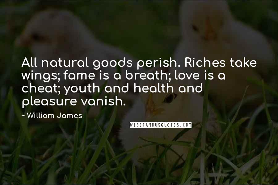 William James Quotes: All natural goods perish. Riches take wings; fame is a breath; love is a cheat; youth and health and pleasure vanish.