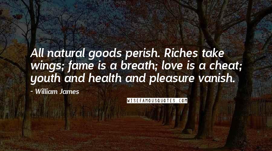 William James Quotes: All natural goods perish. Riches take wings; fame is a breath; love is a cheat; youth and health and pleasure vanish.