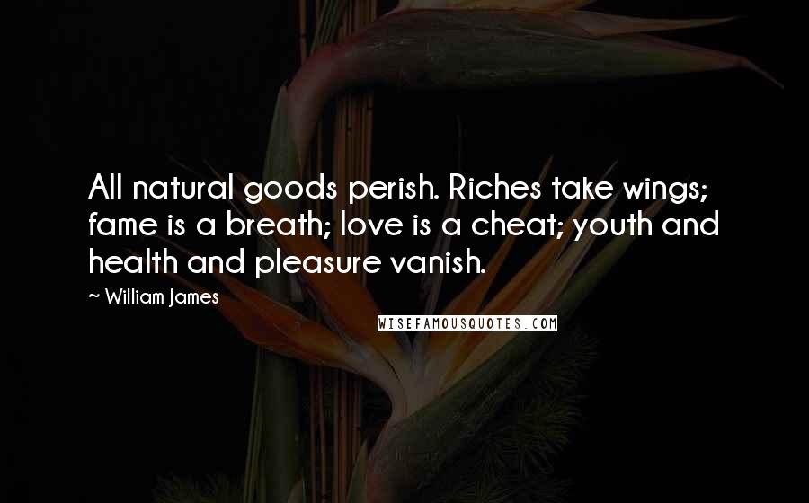 William James Quotes: All natural goods perish. Riches take wings; fame is a breath; love is a cheat; youth and health and pleasure vanish.