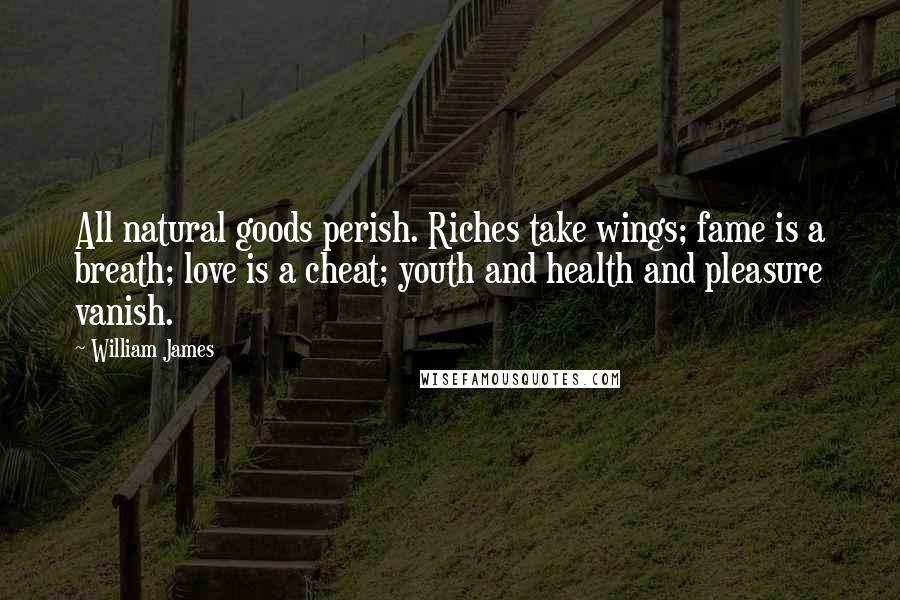 William James Quotes: All natural goods perish. Riches take wings; fame is a breath; love is a cheat; youth and health and pleasure vanish.