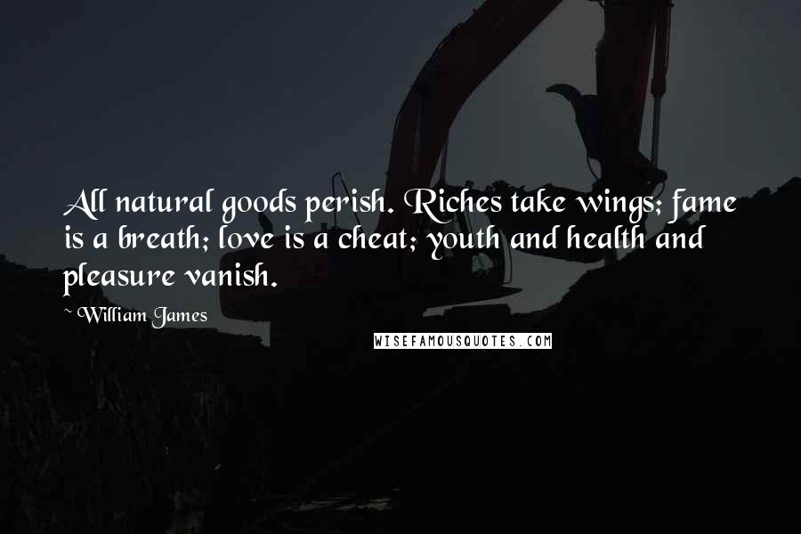 William James Quotes: All natural goods perish. Riches take wings; fame is a breath; love is a cheat; youth and health and pleasure vanish.