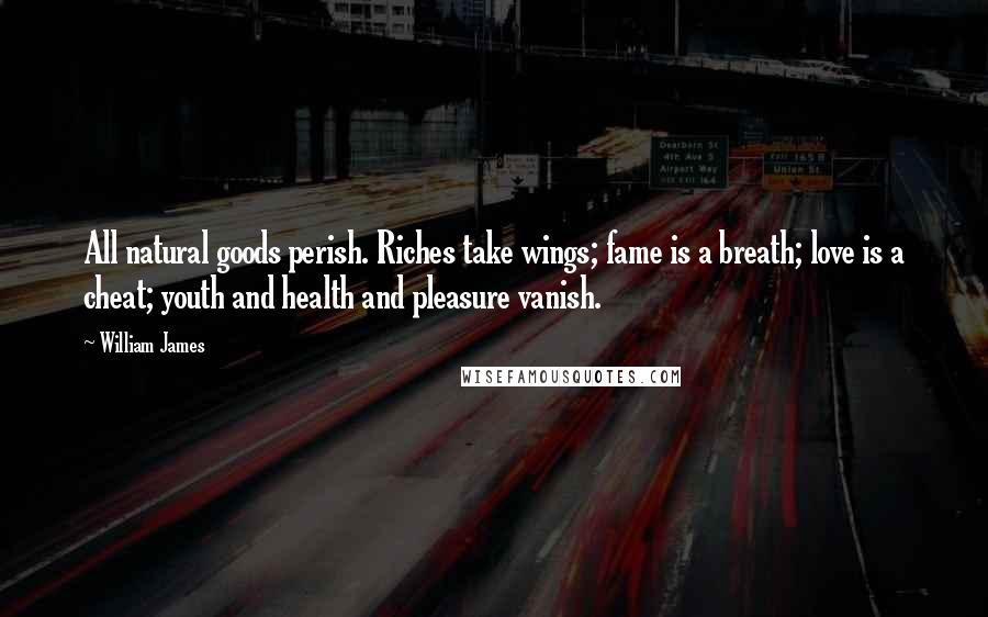 William James Quotes: All natural goods perish. Riches take wings; fame is a breath; love is a cheat; youth and health and pleasure vanish.