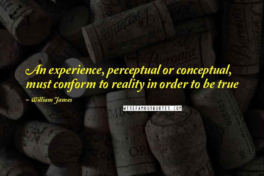 William James Quotes: An experience, perceptual or conceptual, must conform to reality in order to be true