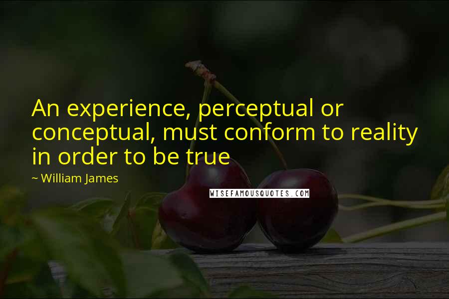 William James Quotes: An experience, perceptual or conceptual, must conform to reality in order to be true