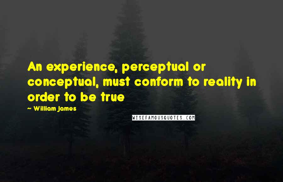 William James Quotes: An experience, perceptual or conceptual, must conform to reality in order to be true