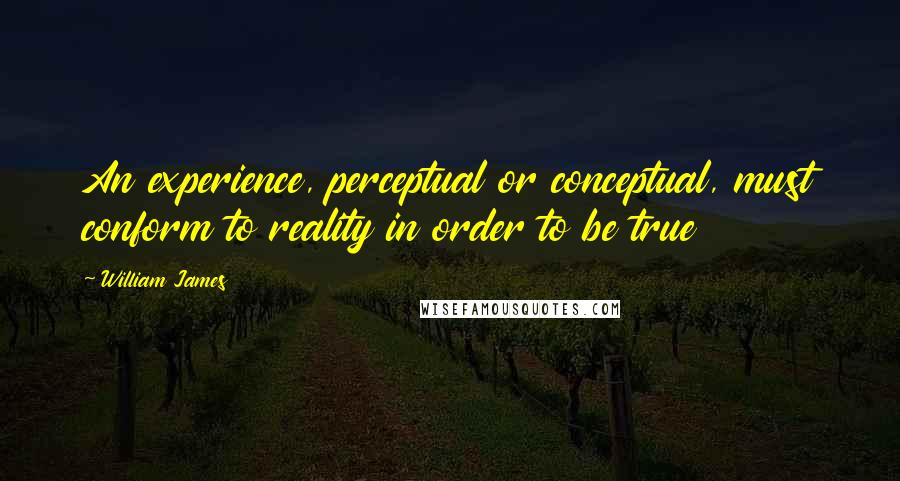 William James Quotes: An experience, perceptual or conceptual, must conform to reality in order to be true