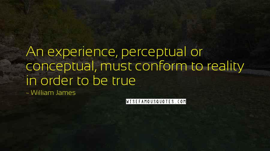 William James Quotes: An experience, perceptual or conceptual, must conform to reality in order to be true