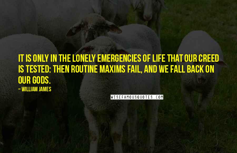 William James Quotes: It is only in the lonely emergencies of life that our creed is tested: then routine maxims fail, and we fall back on our gods.