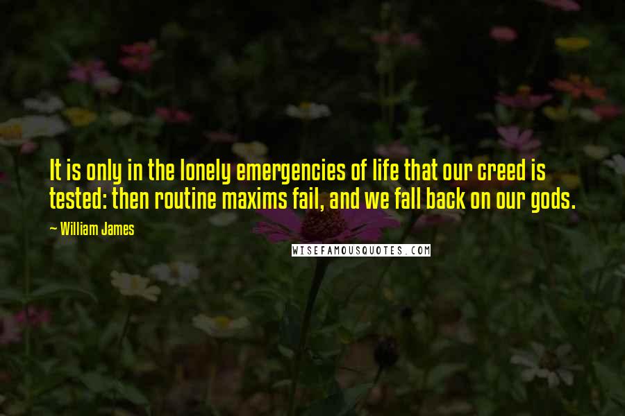 William James Quotes: It is only in the lonely emergencies of life that our creed is tested: then routine maxims fail, and we fall back on our gods.