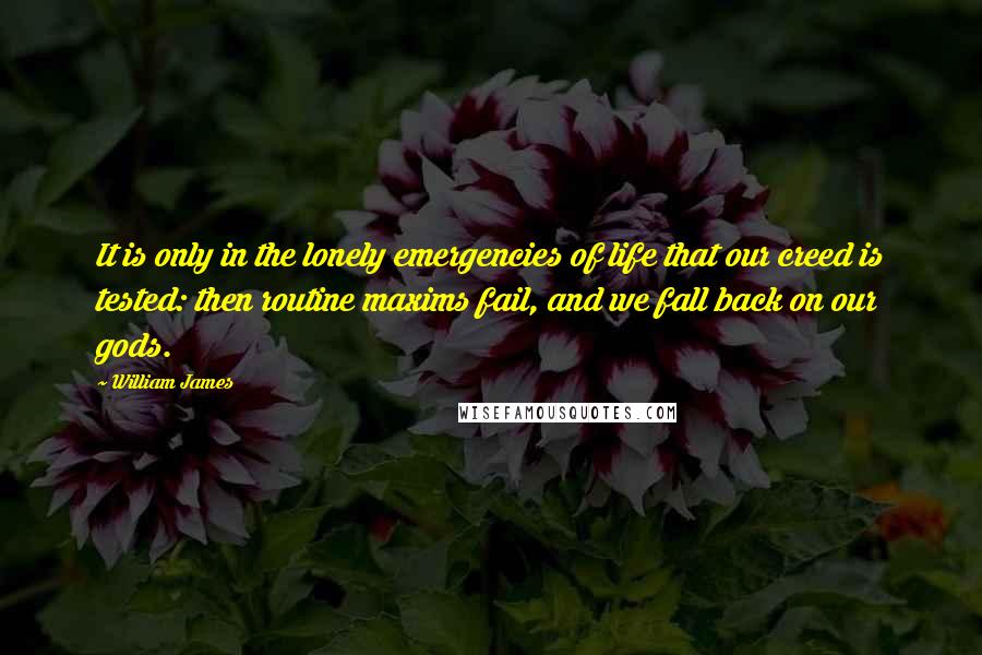 William James Quotes: It is only in the lonely emergencies of life that our creed is tested: then routine maxims fail, and we fall back on our gods.