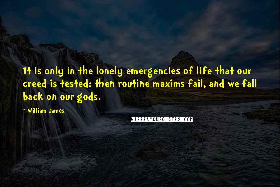 William James Quotes: It is only in the lonely emergencies of life that our creed is tested: then routine maxims fail, and we fall back on our gods.