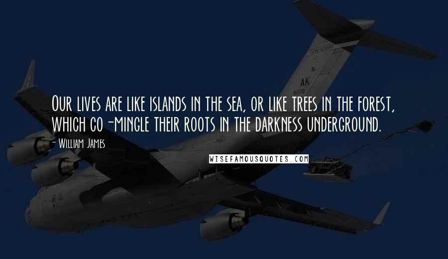 William James Quotes: Our lives are like islands in the sea, or like trees in the forest, which co-mingle their roots in the darkness underground.