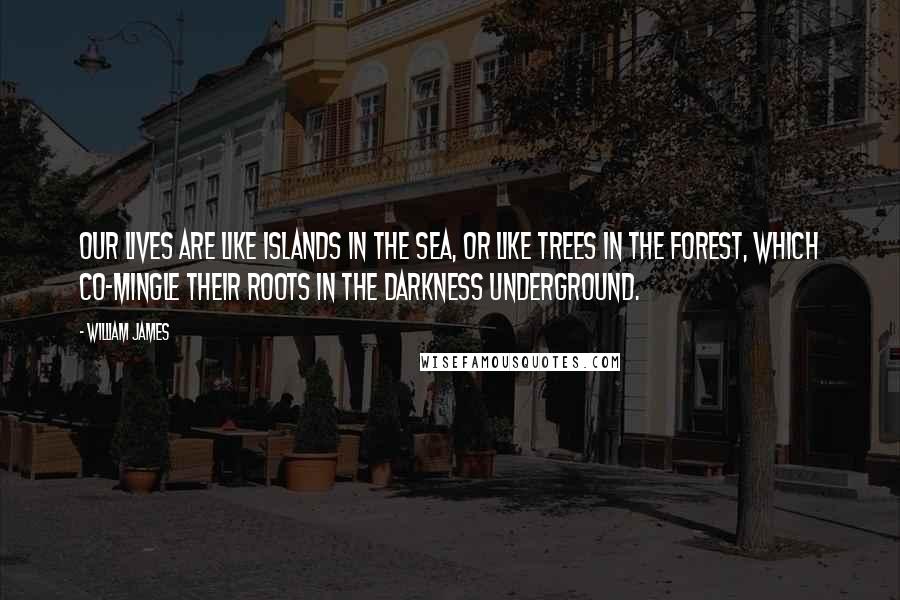 William James Quotes: Our lives are like islands in the sea, or like trees in the forest, which co-mingle their roots in the darkness underground.