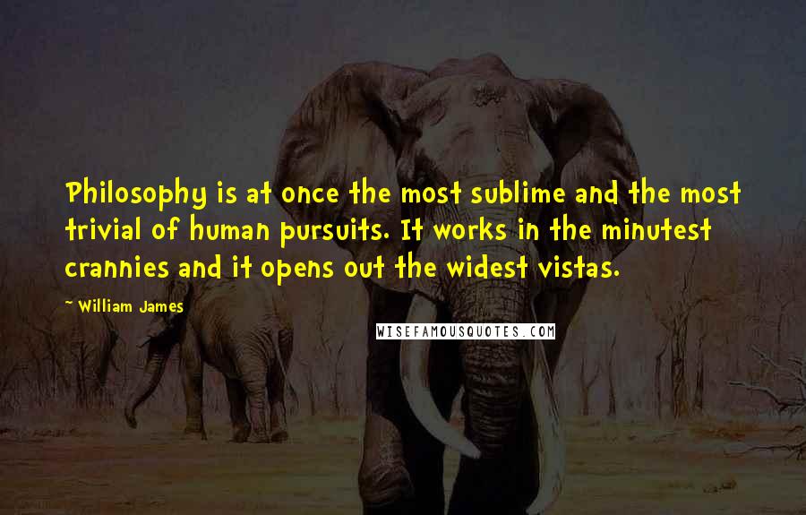 William James Quotes: Philosophy is at once the most sublime and the most trivial of human pursuits. It works in the minutest crannies and it opens out the widest vistas.