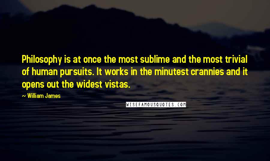 William James Quotes: Philosophy is at once the most sublime and the most trivial of human pursuits. It works in the minutest crannies and it opens out the widest vistas.