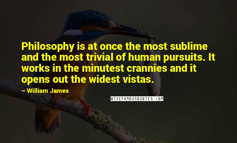 William James Quotes: Philosophy is at once the most sublime and the most trivial of human pursuits. It works in the minutest crannies and it opens out the widest vistas.