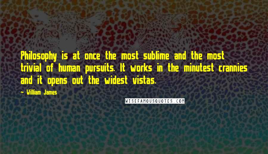 William James Quotes: Philosophy is at once the most sublime and the most trivial of human pursuits. It works in the minutest crannies and it opens out the widest vistas.