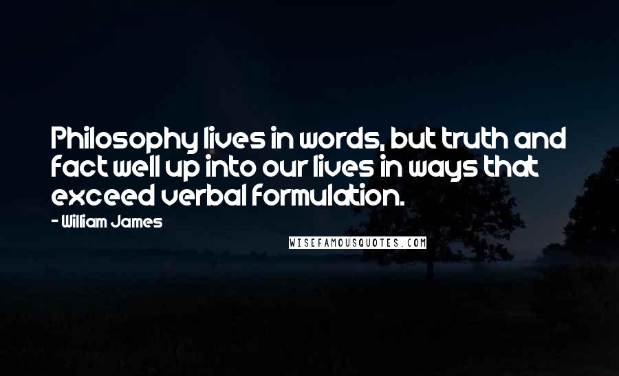 William James Quotes: Philosophy lives in words, but truth and fact well up into our lives in ways that exceed verbal formulation.