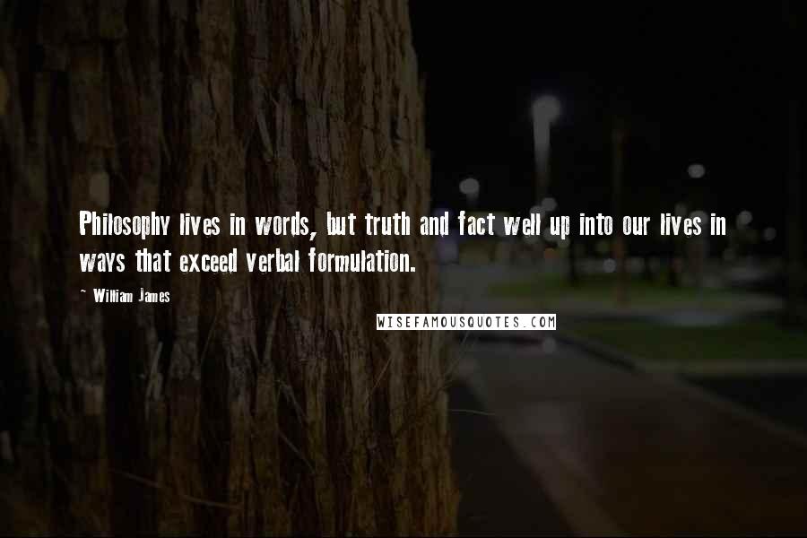 William James Quotes: Philosophy lives in words, but truth and fact well up into our lives in ways that exceed verbal formulation.