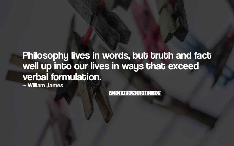 William James Quotes: Philosophy lives in words, but truth and fact well up into our lives in ways that exceed verbal formulation.