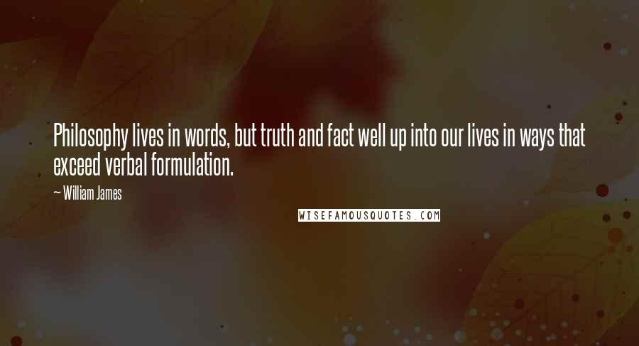 William James Quotes: Philosophy lives in words, but truth and fact well up into our lives in ways that exceed verbal formulation.