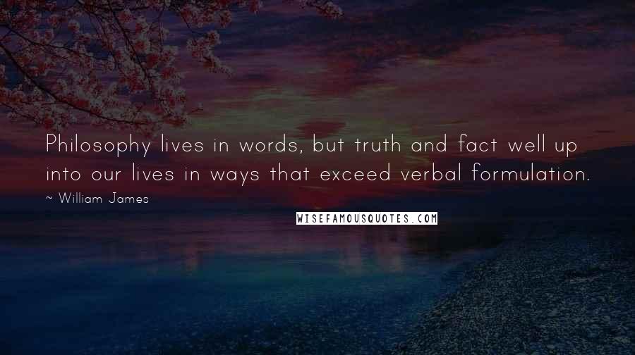 William James Quotes: Philosophy lives in words, but truth and fact well up into our lives in ways that exceed verbal formulation.