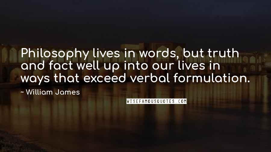 William James Quotes: Philosophy lives in words, but truth and fact well up into our lives in ways that exceed verbal formulation.