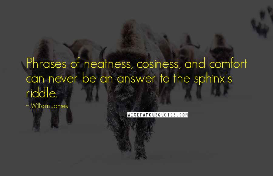 William James Quotes: Phrases of neatness, cosiness, and comfort can never be an answer to the sphinx's riddle.