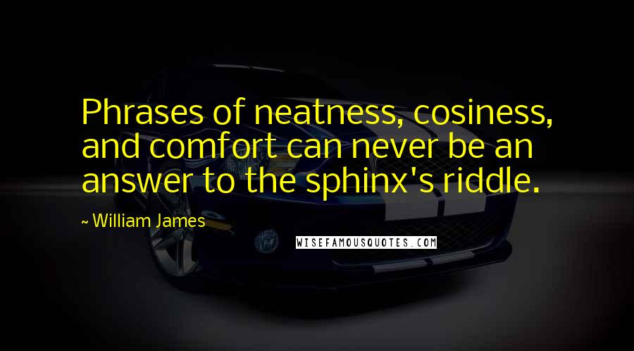 William James Quotes: Phrases of neatness, cosiness, and comfort can never be an answer to the sphinx's riddle.