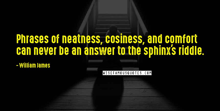 William James Quotes: Phrases of neatness, cosiness, and comfort can never be an answer to the sphinx's riddle.