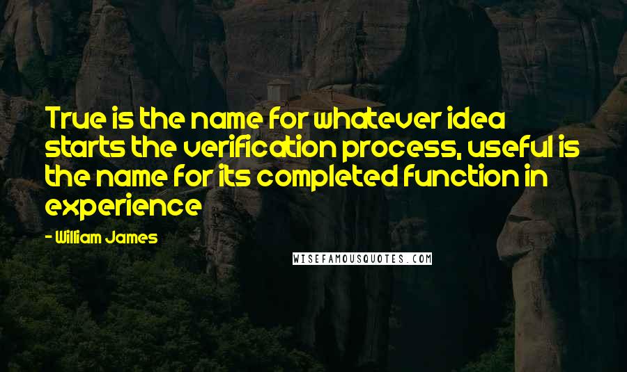 William James Quotes: True is the name for whatever idea starts the verification process, useful is the name for its completed function in experience