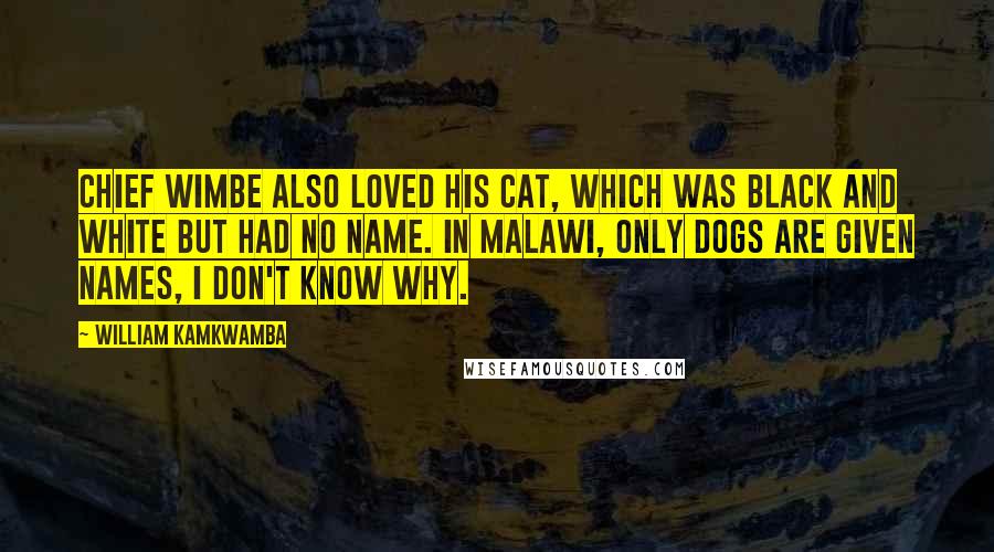 William Kamkwamba Quotes: Chief Wimbe also loved his cat, which was black and white but had no name. In Malawi, only dogs are given names, I don't know why.