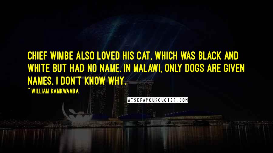 William Kamkwamba Quotes: Chief Wimbe also loved his cat, which was black and white but had no name. In Malawi, only dogs are given names, I don't know why.