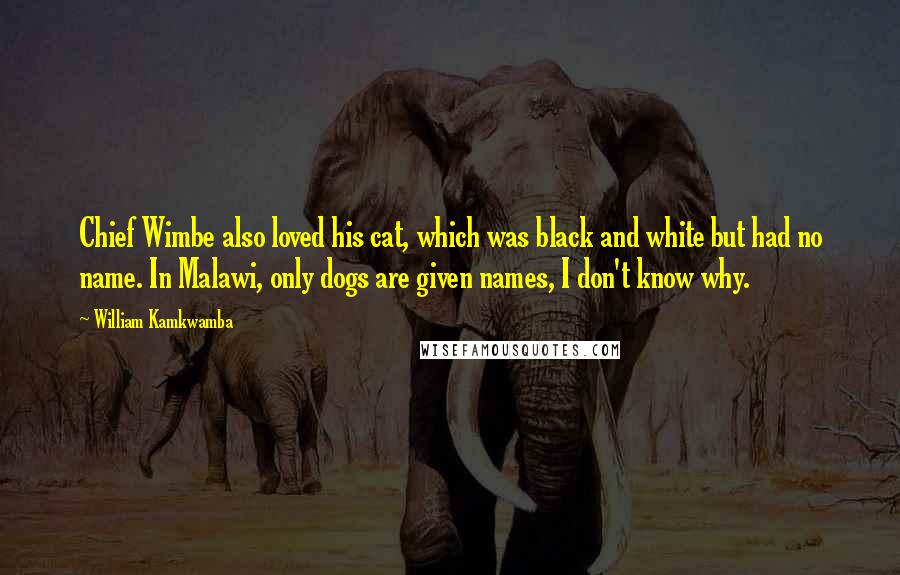 William Kamkwamba Quotes: Chief Wimbe also loved his cat, which was black and white but had no name. In Malawi, only dogs are given names, I don't know why.